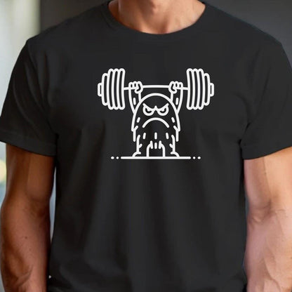 "Bold gym T-shirt featuring a fierce weightlifting monster design. Ideal for fitness enthusiasts, showcasing strength and motivation."