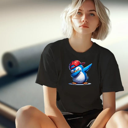 Alt text: "Vibrant gym T-shirt featuring a playful penguin wearing a cap, perfect for fitness enthusiasts who value comfort and style."