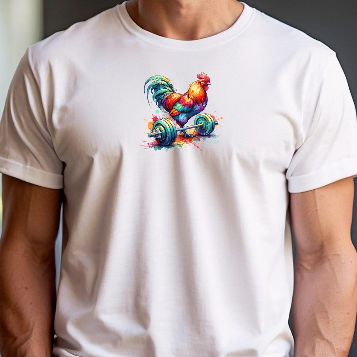 "Vibrant 'Rooster Gains' T-Shirt featuring a colorful rooster design, perfect gym wear for strength and motivation during workouts."