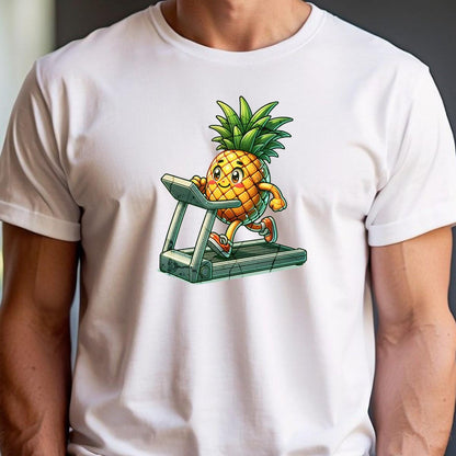 "Bright Pineapple Jogger T-Shirt featuring a cheerful pineapple exercising on a treadmill, promoting fun and motivation in fitness."