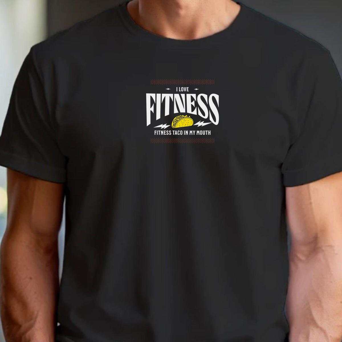 Alt text: Bold graphic gym T-shirt featuring a playful blend of fitness and taco theme, perfect for fitness enthusiasts and conversation starters.
