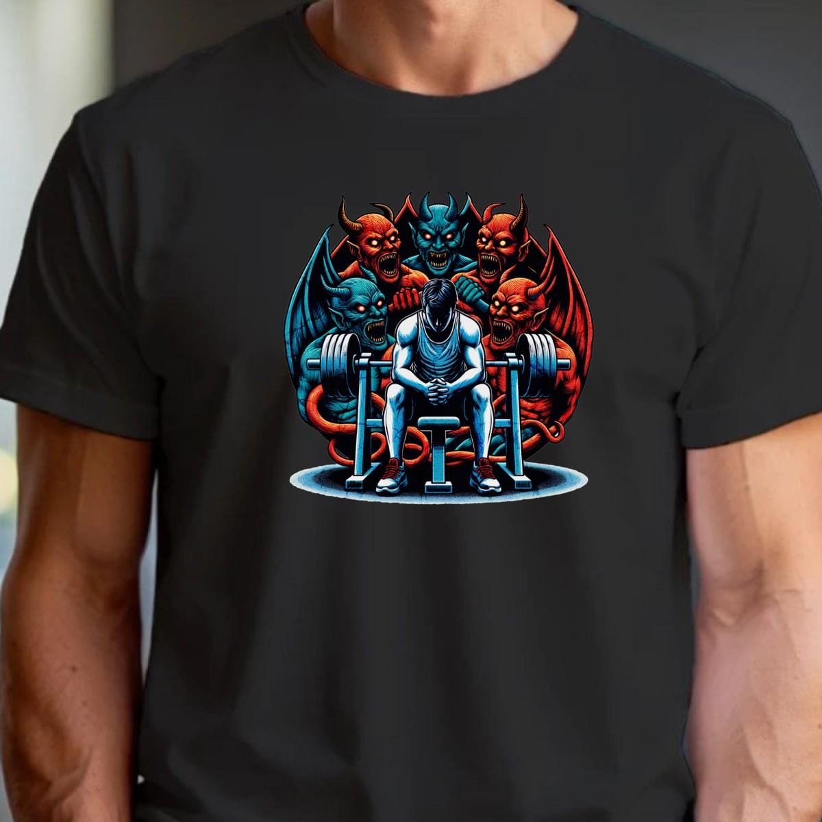 Alt text: "Bold gym T-shirt featuring a striking design that embodies strength and perseverance, perfect for fitness enthusiasts to inspire workouts."