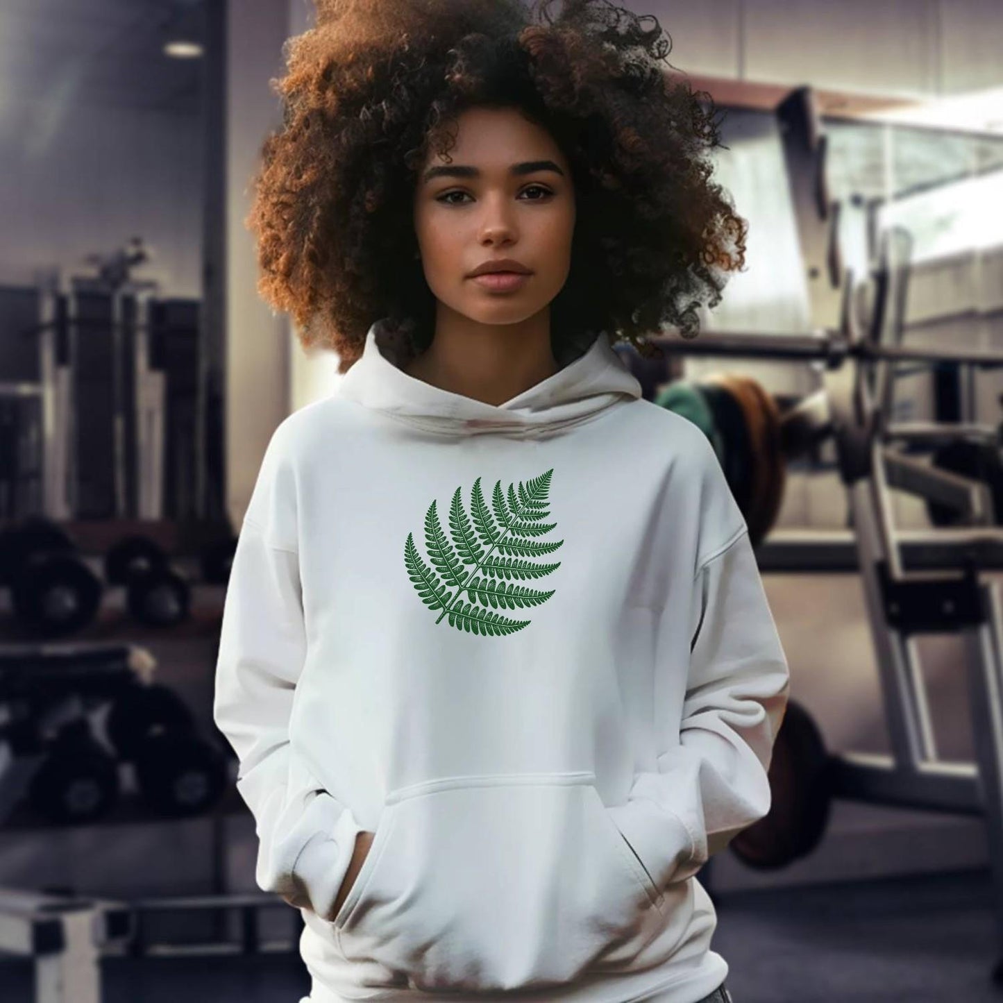 "Fern Graphic Hoodie for active lifestyle, showcasing a vibrant fern design, perfect for gym workouts or casual outings in style."