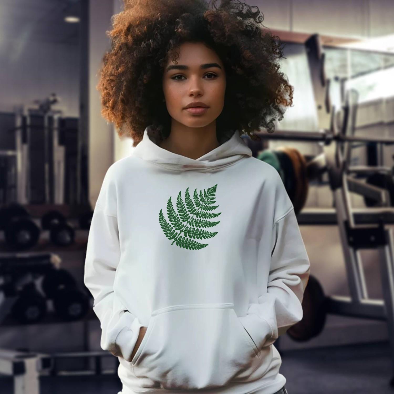 "Fern Graphic Hoodie for active lifestyle, showcasing a vibrant fern design, perfect for gym workouts or casual outings in style."