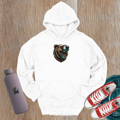 "Bold Bear Hoodie featuring a roaring bear graphic, perfect for empowering workouts or casual wear, showcasing strength and style."