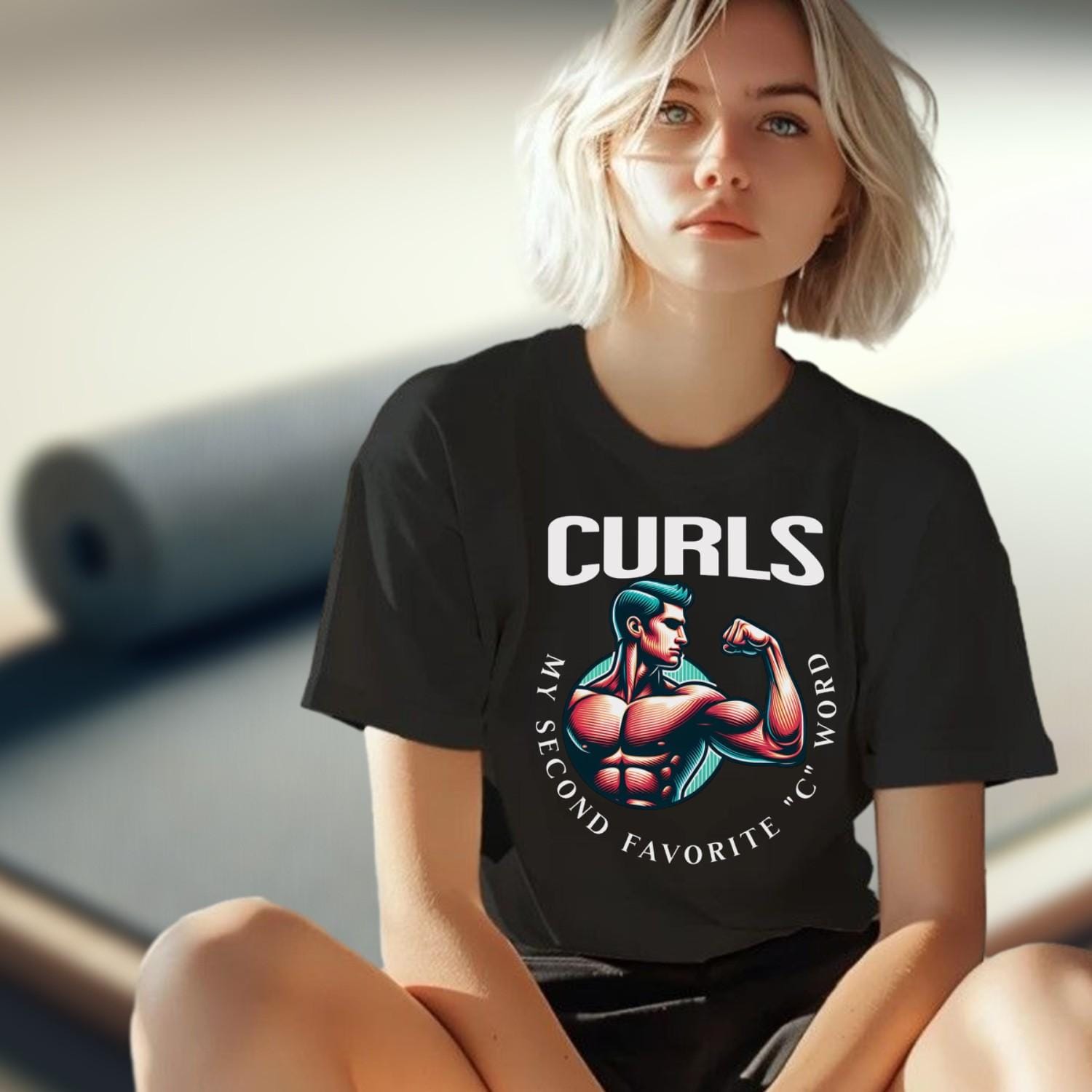"Bold fitness T-shirt featuring 'CURLS: My Second Favorite C Word' design, ideal for gym enthusiasts showcasing strength and humor."