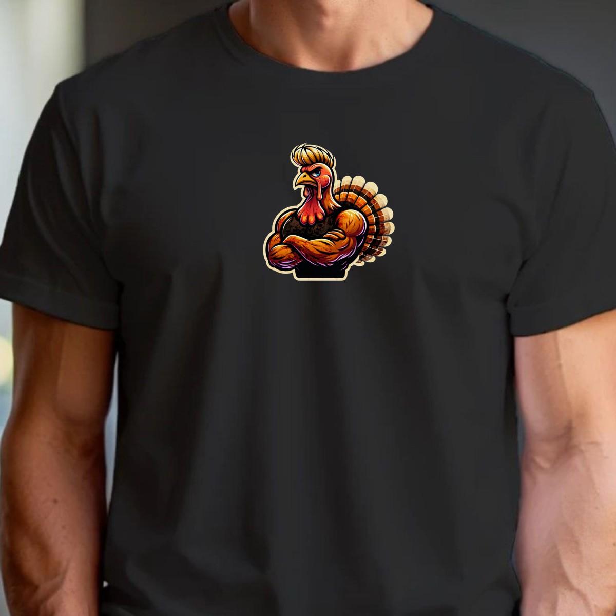 "Muscular turkey graphic on a bold workout T-shirt, blending humor and fitness, perfect for gym lovers wanting unique style."