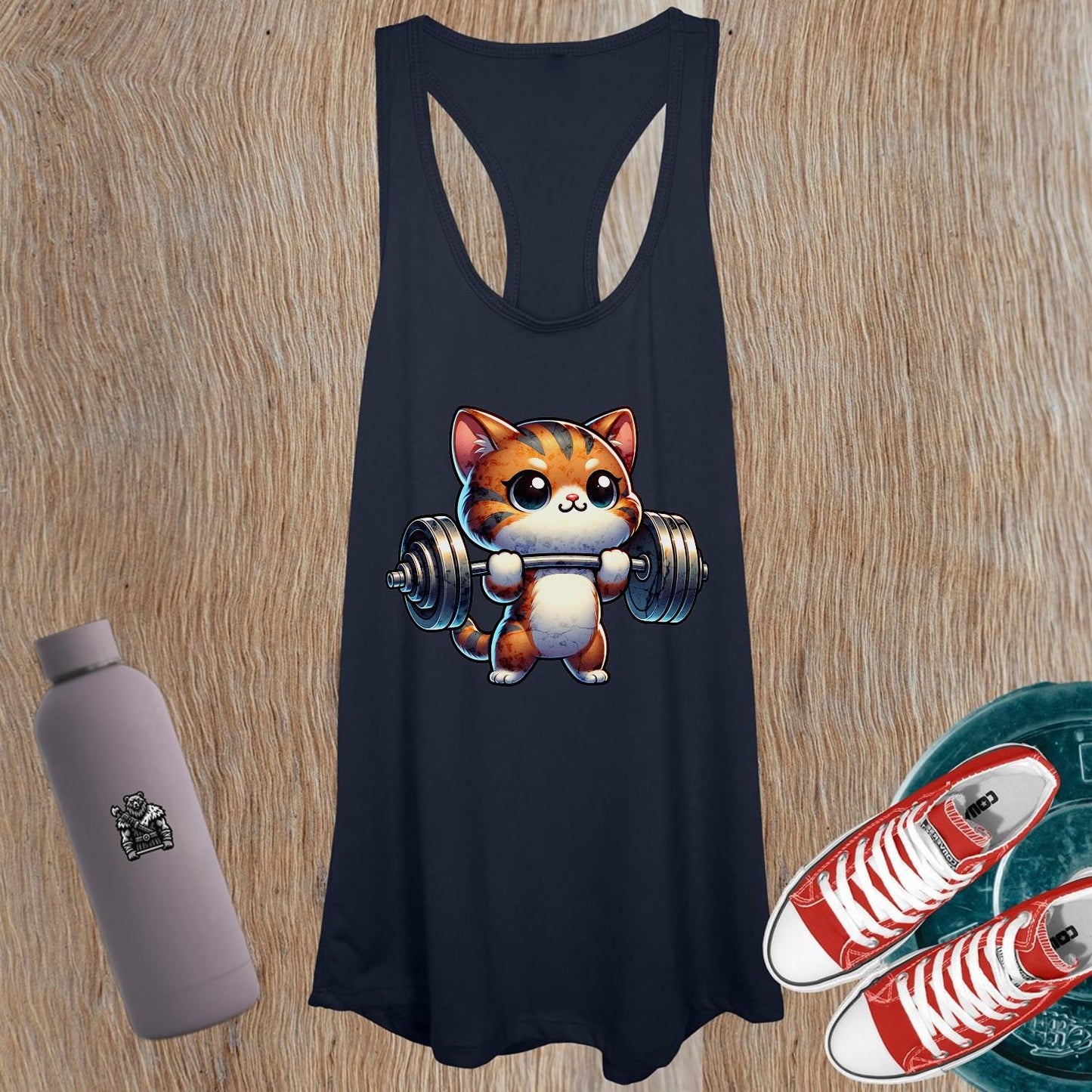 "Adorable women's tank top featuring a cute kitty lifting weights, perfect for gym workouts and casual wear. Fun graphic design."