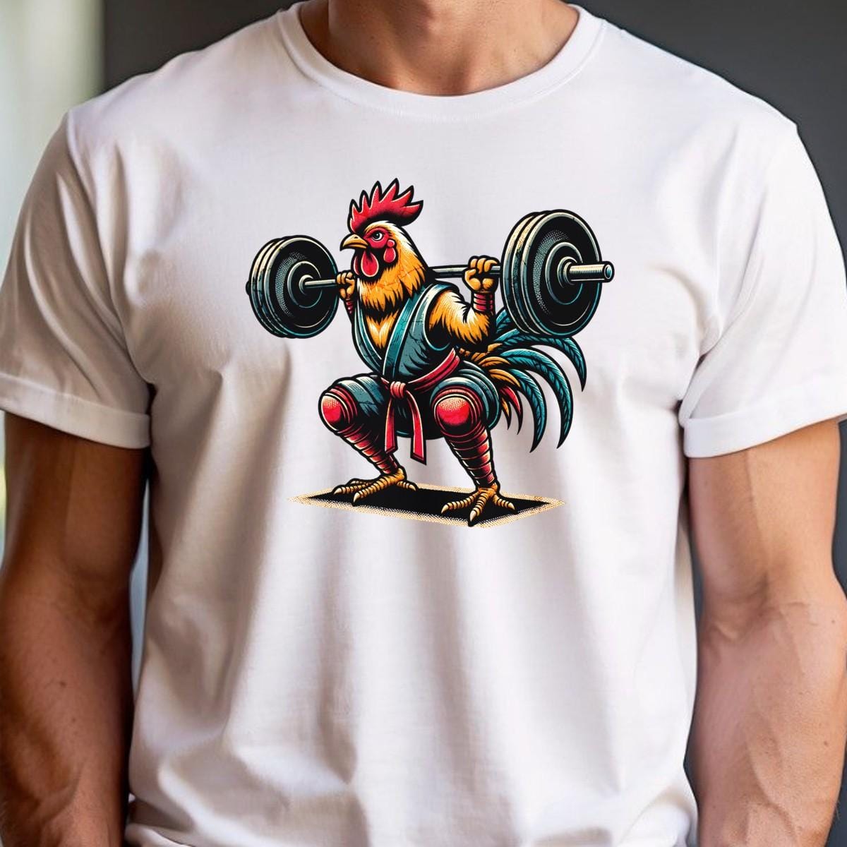 "Vibrant Lift Like a Rooster T-Shirt featuring a fearless chicken lifting weights, perfect for workouts and casual outings, embodying strength and humor."
