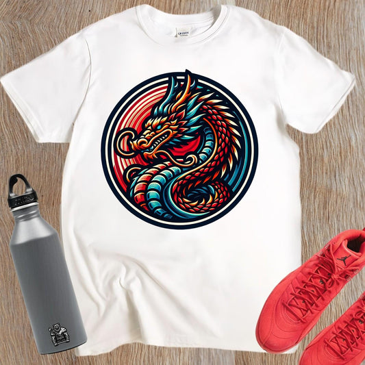"Vibrant Dragon Gym T-Shirt featuring a fierce dragon graphic, symbolizing power and resilience for fitness enthusiasts. Bold workout apparel."