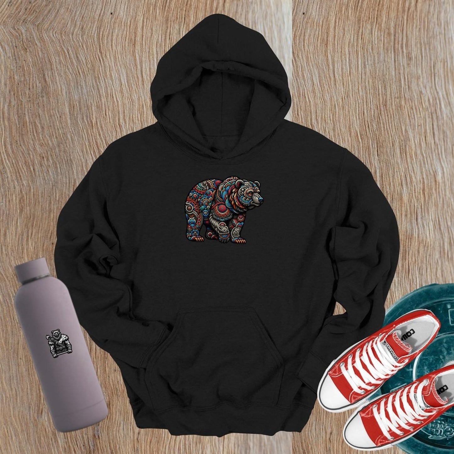 "Vibrant Bear Hoodie featuring intricate bear graphic, perfect for gym or casual wear. Symbolizes strength, resilience, and power."