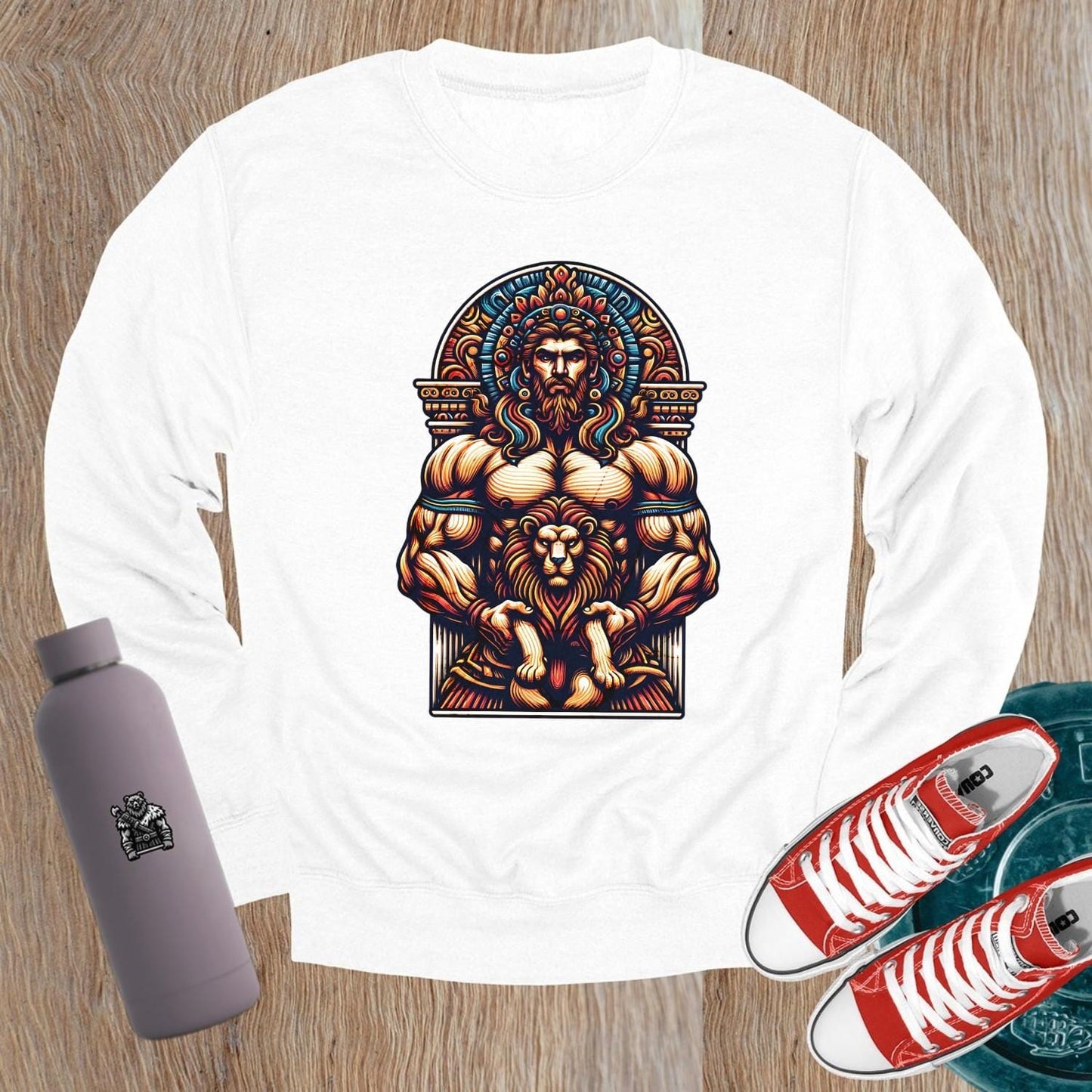 "Bold graphic sweatshirt featuring muscular figure and lion design, symbolizing strength, resilience, and courage for gym enthusiasts."