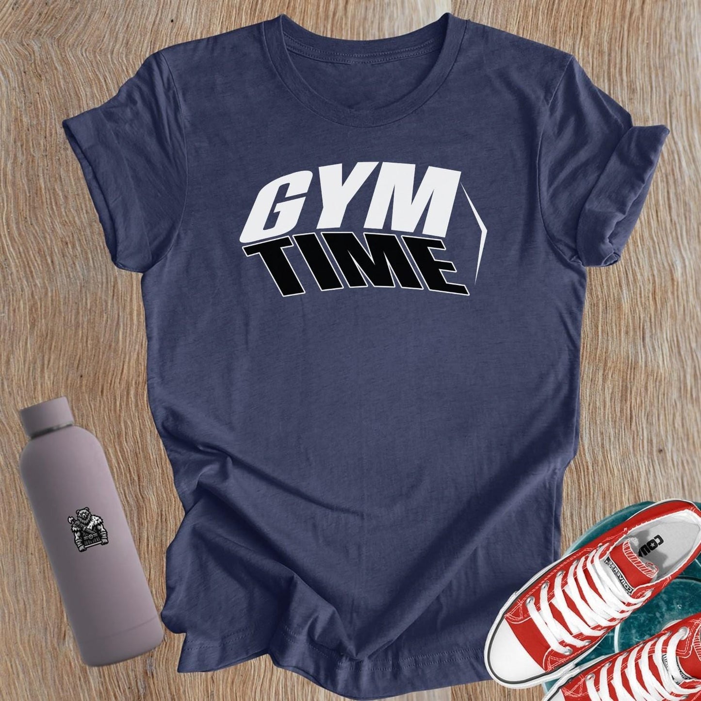 "Bold women's gym T-shirt featuring empowering 'Gym Time' design, tailored for comfort and a flattering fit, perfect for workouts."
