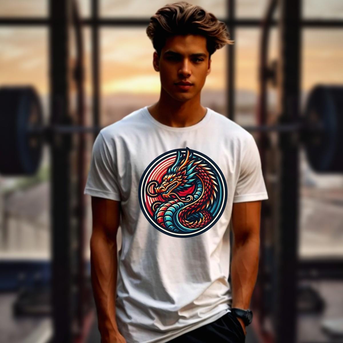 "Vibrant Dragon Gym T-Shirt featuring a fierce dragon graphic, symbolizing power and resilience for fitness enthusiasts. Bold workout apparel."
