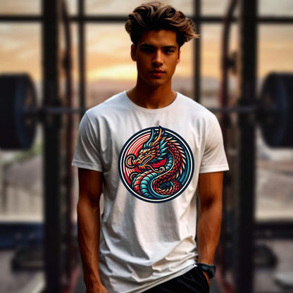 "Vibrant Dragon Gym T-Shirt featuring a fierce dragon graphic, symbolizing power and resilience for fitness enthusiasts. Bold workout apparel."