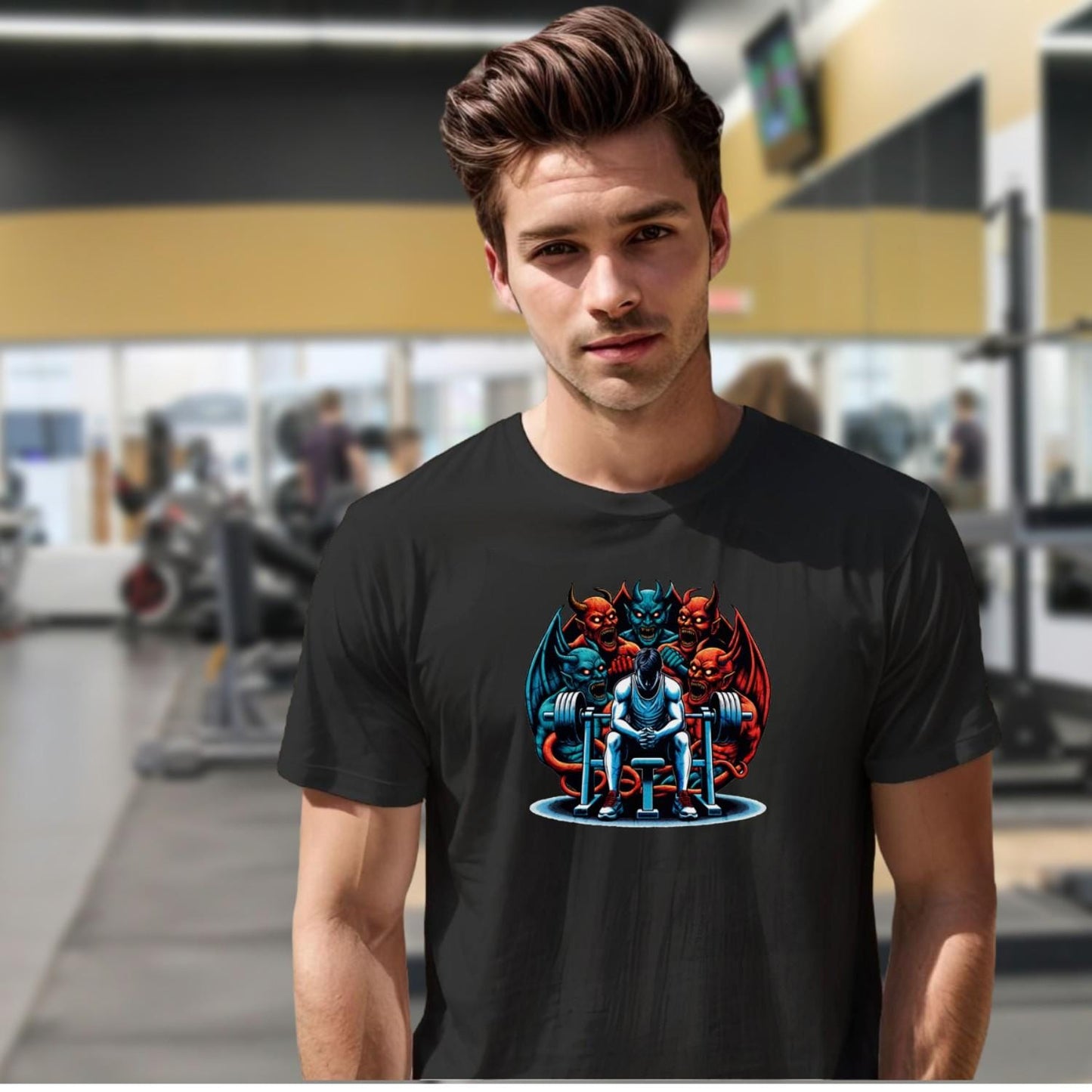 Alt text: "Bold gym T-shirt featuring a striking design that embodies strength and perseverance, perfect for fitness enthusiasts to inspire workouts."