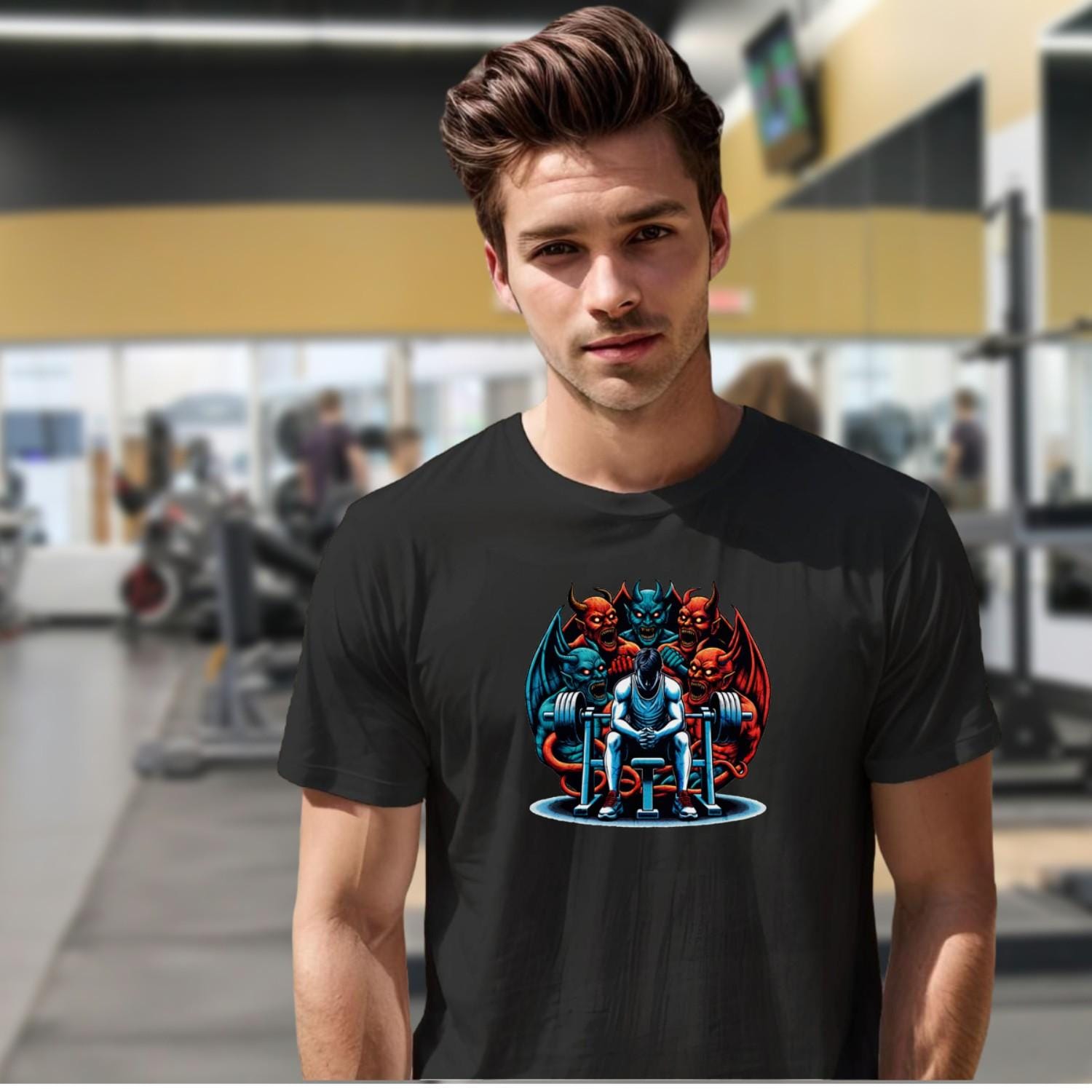 Alt text: "Bold gym T-shirt featuring a striking design that embodies strength and perseverance, perfect for fitness enthusiasts to inspire workouts."
