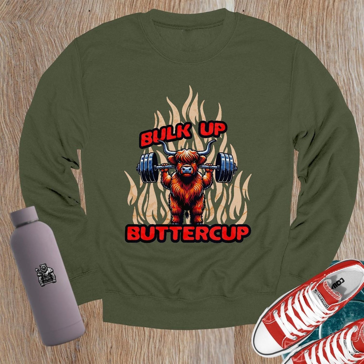 "Graphic crewneck sweatshirt featuring 'Bulk Up Buttercup' design, perfect for gym workouts or casual wear, inspiring fit lifestyle."