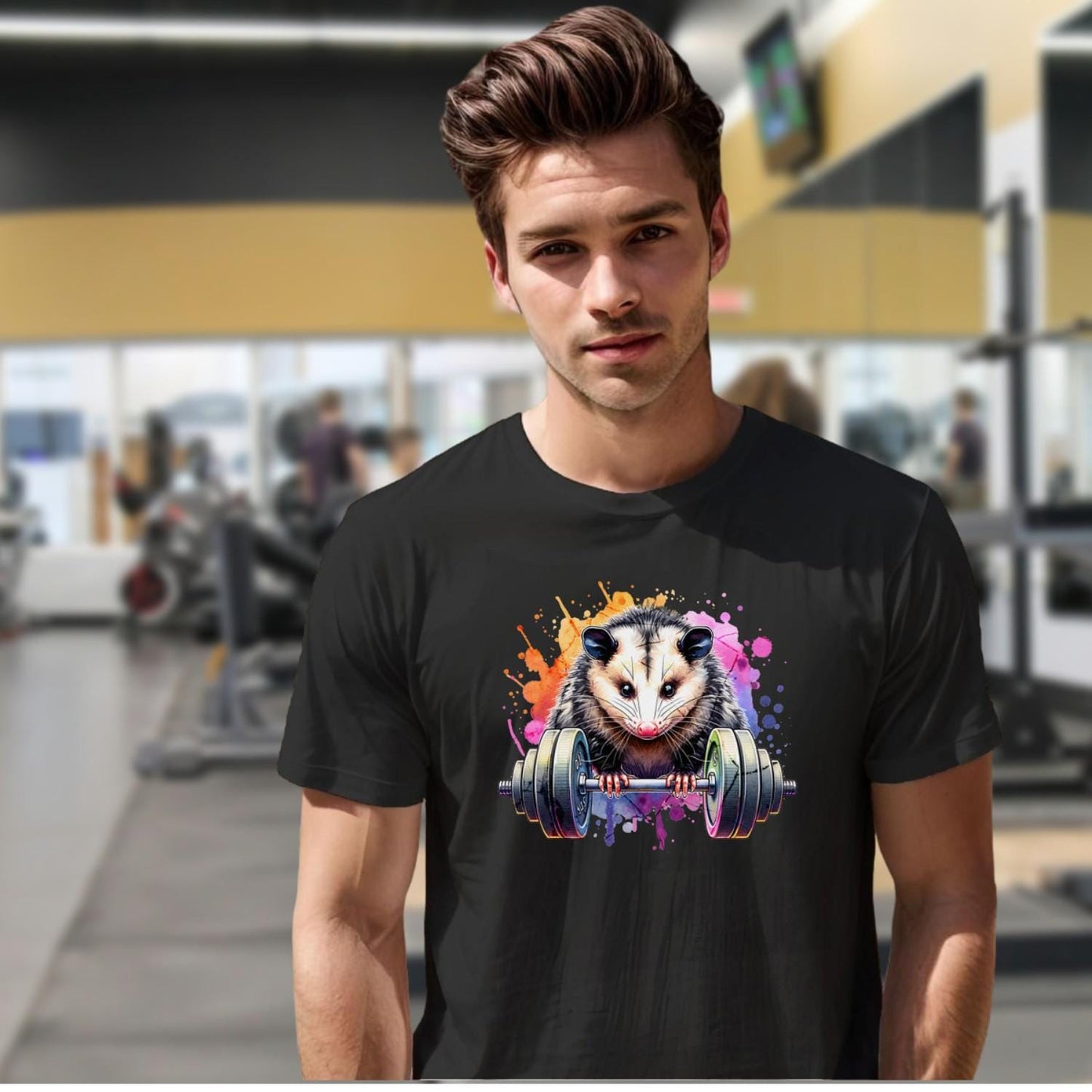 "Vibrant gym T-shirt featuring a playful opossum lifting weights, blending fitness and fun, perfect for workout enthusiasts."