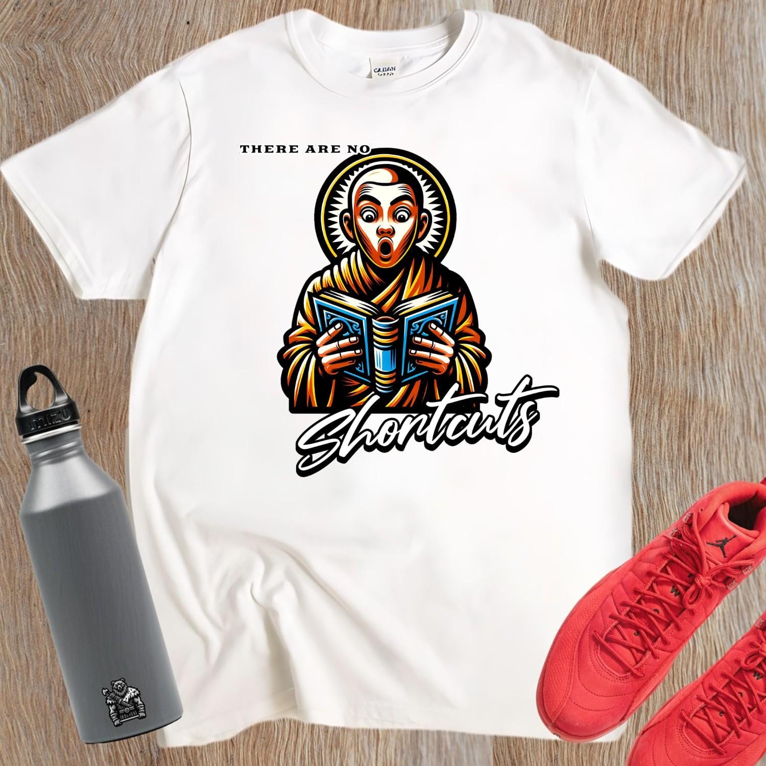 "Bold 'There Are No Shortcuts' gym T-shirt featuring motivational design, perfect for workouts and casual wear, celebrating fitness dedication."