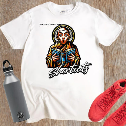 "Bold 'There Are No Shortcuts' gym T-shirt featuring motivational design, perfect for workouts and casual wear, celebrating fitness dedication."