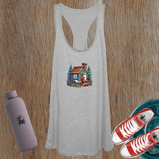 Whimsical women's tank top featuring a charming fox by a cozy cabin, perfect for gym workouts or casual outings; stylish and comfortable.