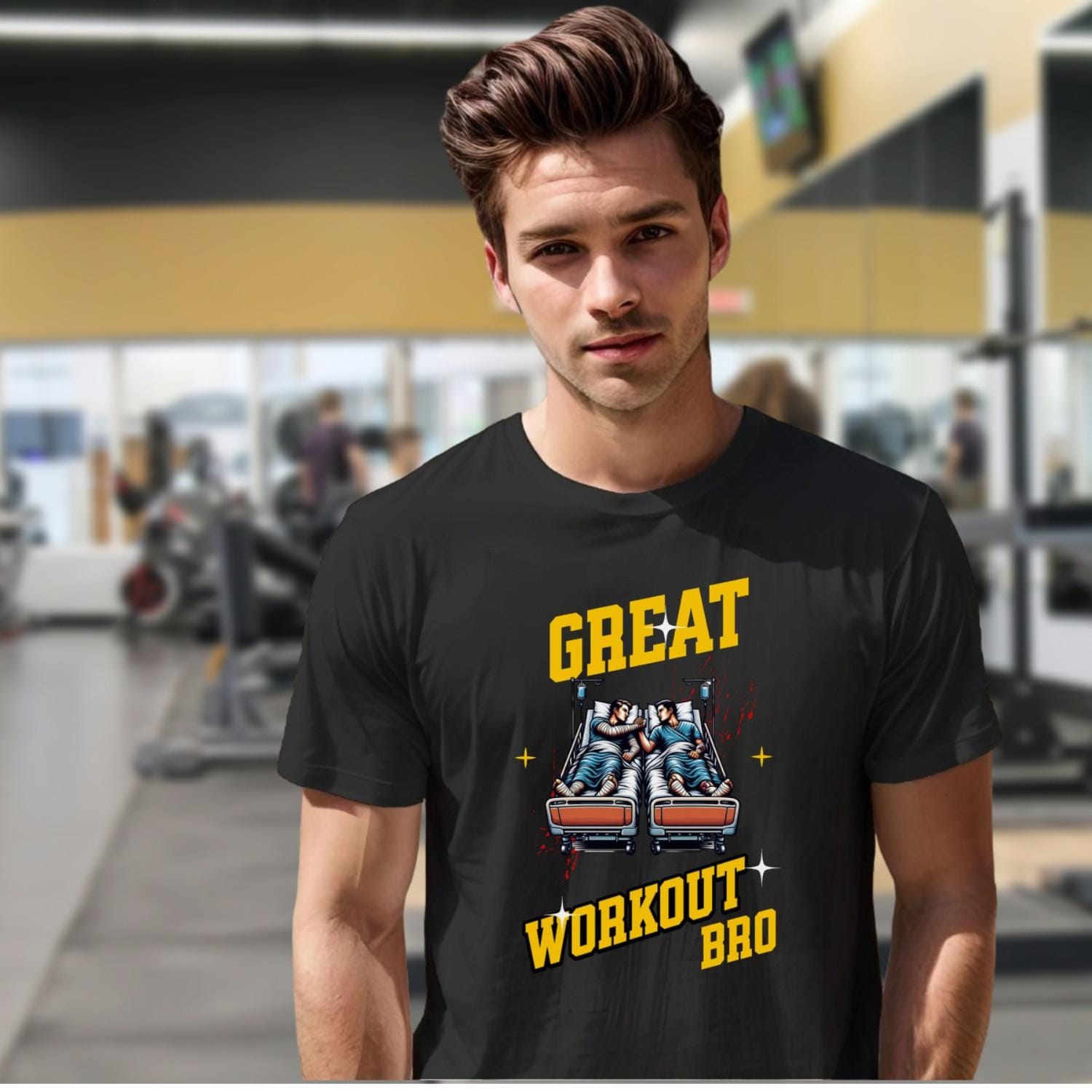 "Bold gym T-shirt featuring the slogan 'Great Workout Bro,' capturing fitness humor and motivation for workouts and training sessions."