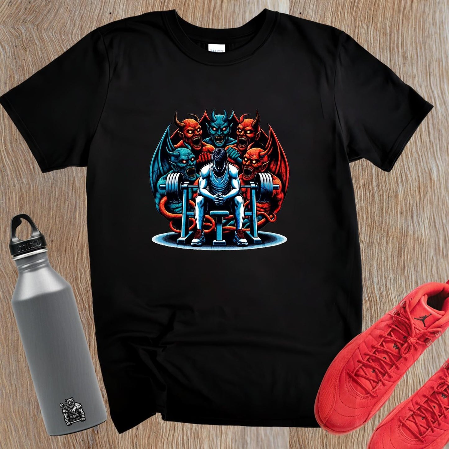 Alt text: "Bold gym T-shirt featuring a striking design that embodies strength and perseverance, perfect for fitness enthusiasts to inspire workouts."