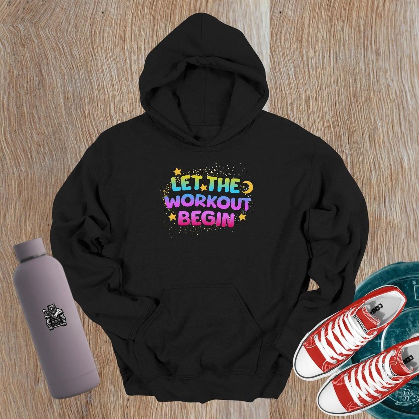 "Vibrant 'Let the Workout Begin' hoodie showcasing motivational design, perfect for gym enthusiasts and casual wear, inspiring fitness."