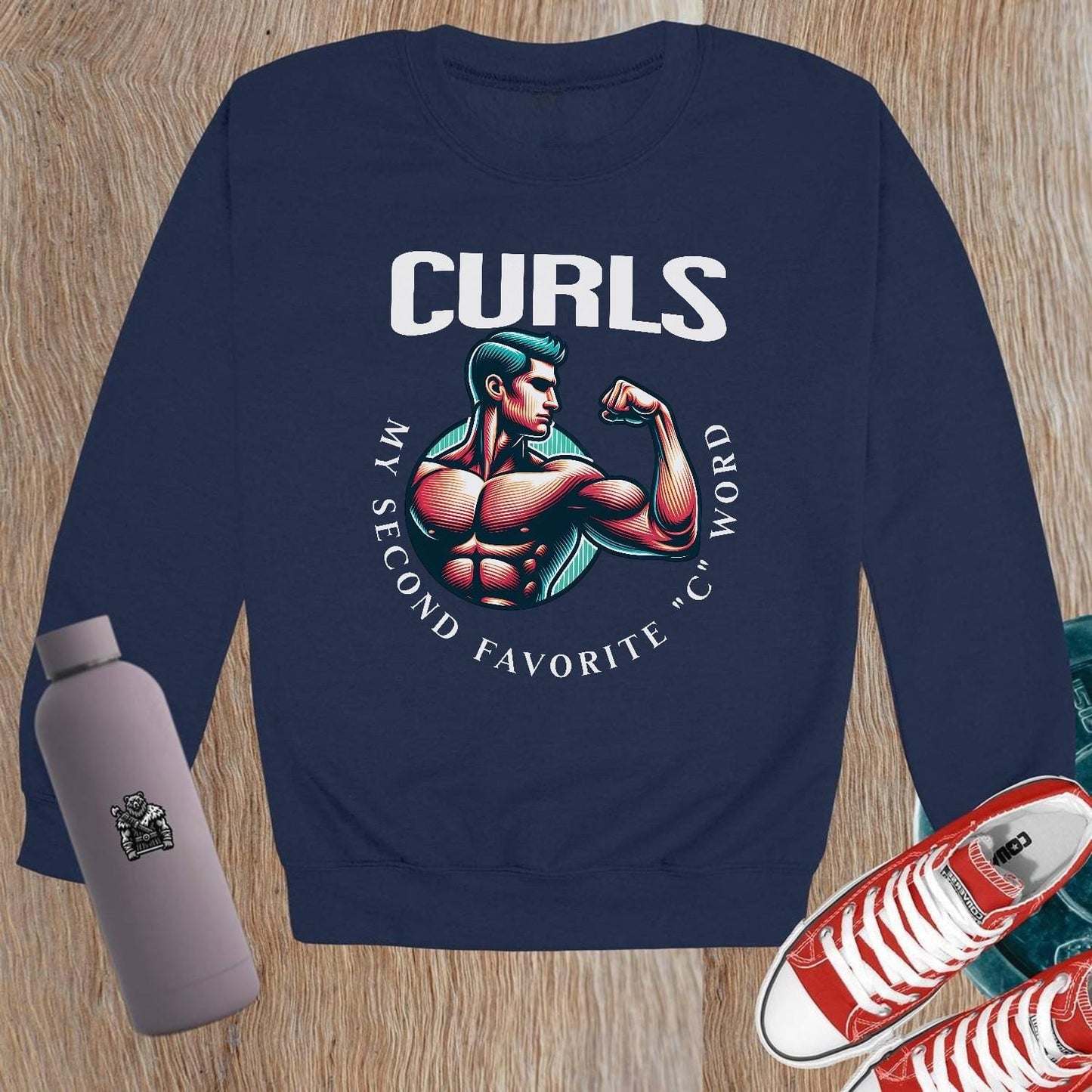 "Bold gym crewneck sweatshirt featuring 'CURLS: My Second Favorite C Word' graphic, celebrating strength and fitness style."