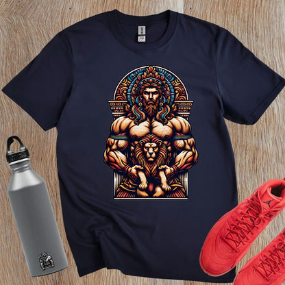 "Bold gym T-shirt featuring a strong muscular figure with a lion, symbolizing courage. Perfect for workouts and casual wear."