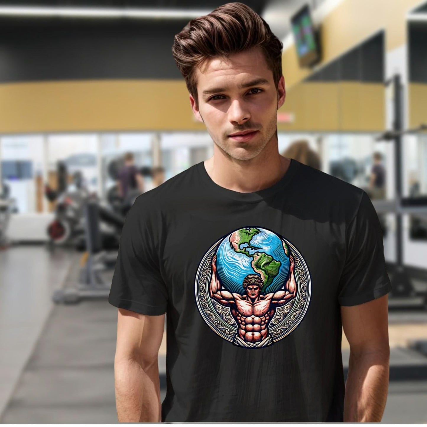 "Gym T-shirt featuring a strong figure holding the world, symbolizing strength and resilience, perfect for fitness enthusiasts."