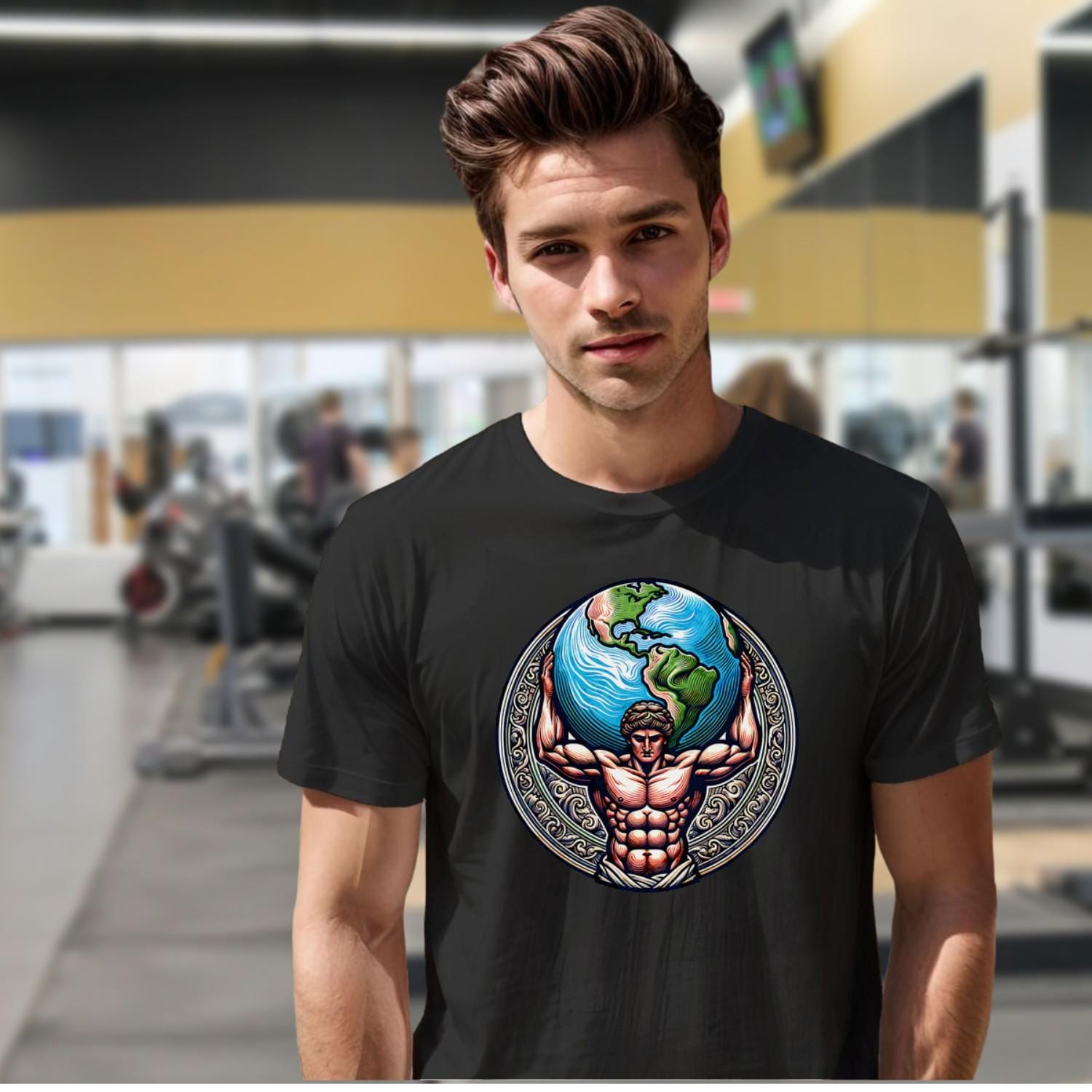 "Gym T-shirt featuring a strong figure holding the world, symbolizing strength and resilience, perfect for fitness enthusiasts."
