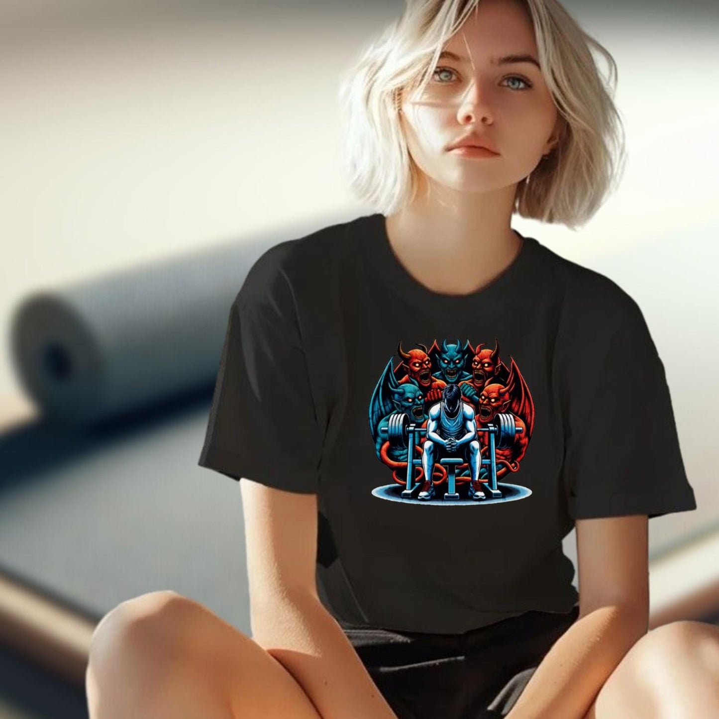 Alt text: "Bold gym T-shirt featuring a striking design that embodies strength and perseverance, perfect for fitness enthusiasts to inspire workouts."