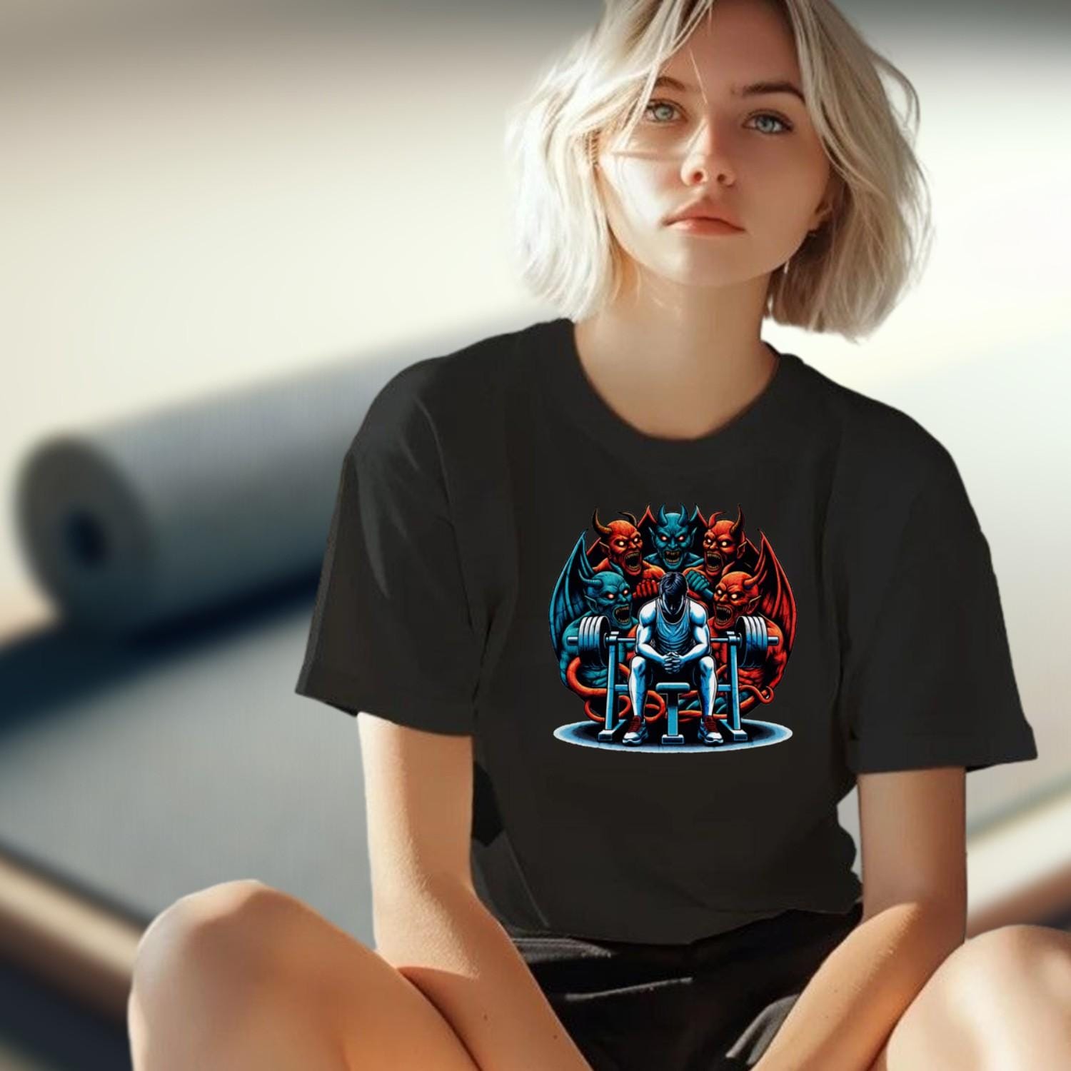 Alt text: "Bold gym T-shirt featuring a striking design that embodies strength and perseverance, perfect for fitness enthusiasts to inspire workouts."