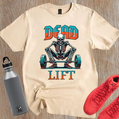 "Graphic T-shirt featuring a skeleton lifting weights, perfect for fitness enthusiasts. Bold design ideal for gym workouts and casual wear."