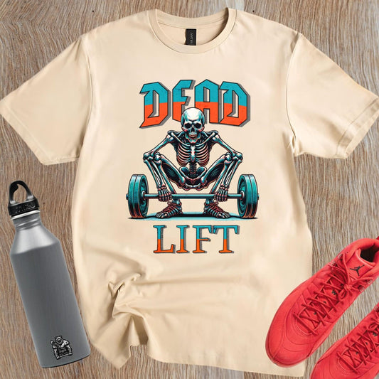 "Graphic T-shirt featuring a skeleton lifting weights, perfect for fitness enthusiasts. Bold design ideal for gym workouts and casual wear."