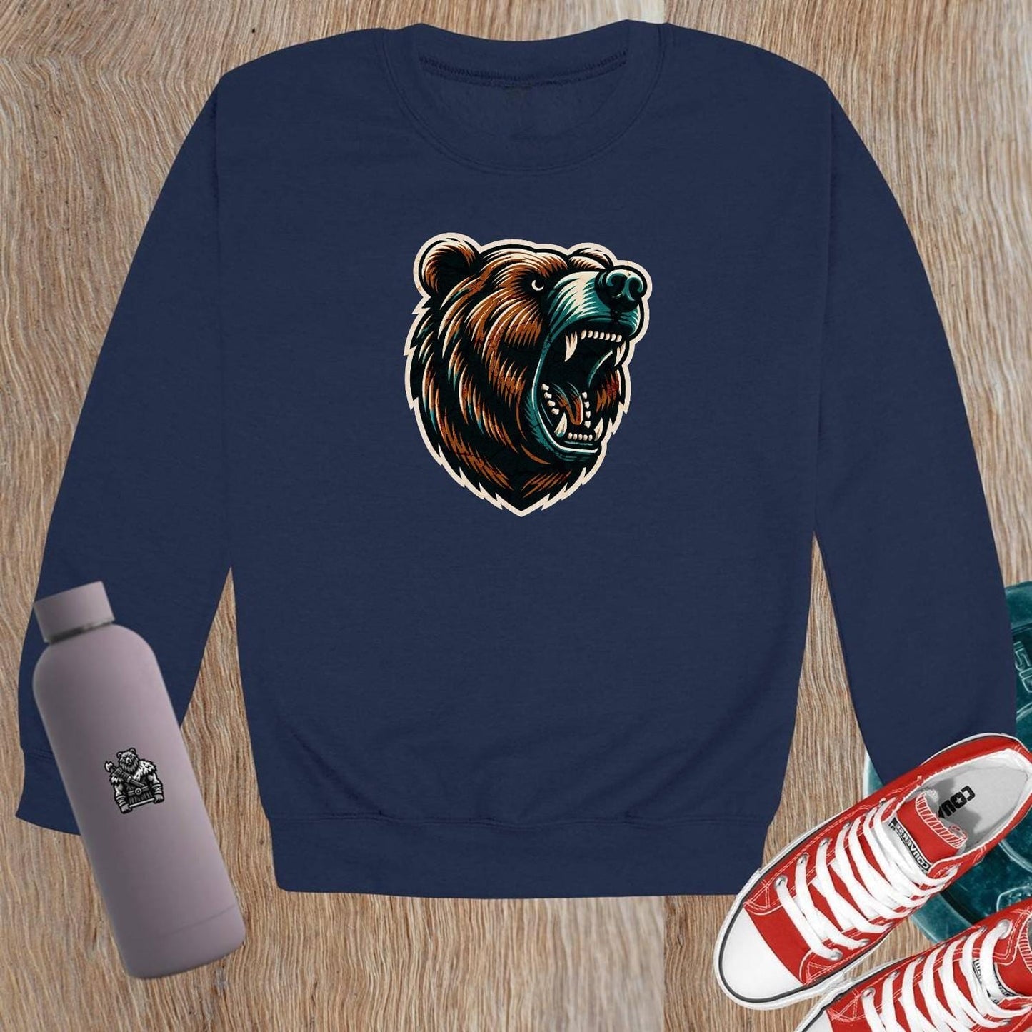 Alt text: "Bold gym crewneck sweatshirt featuring a fierce bear graphic, perfect for workouts or casual wear, combining style and comfort."