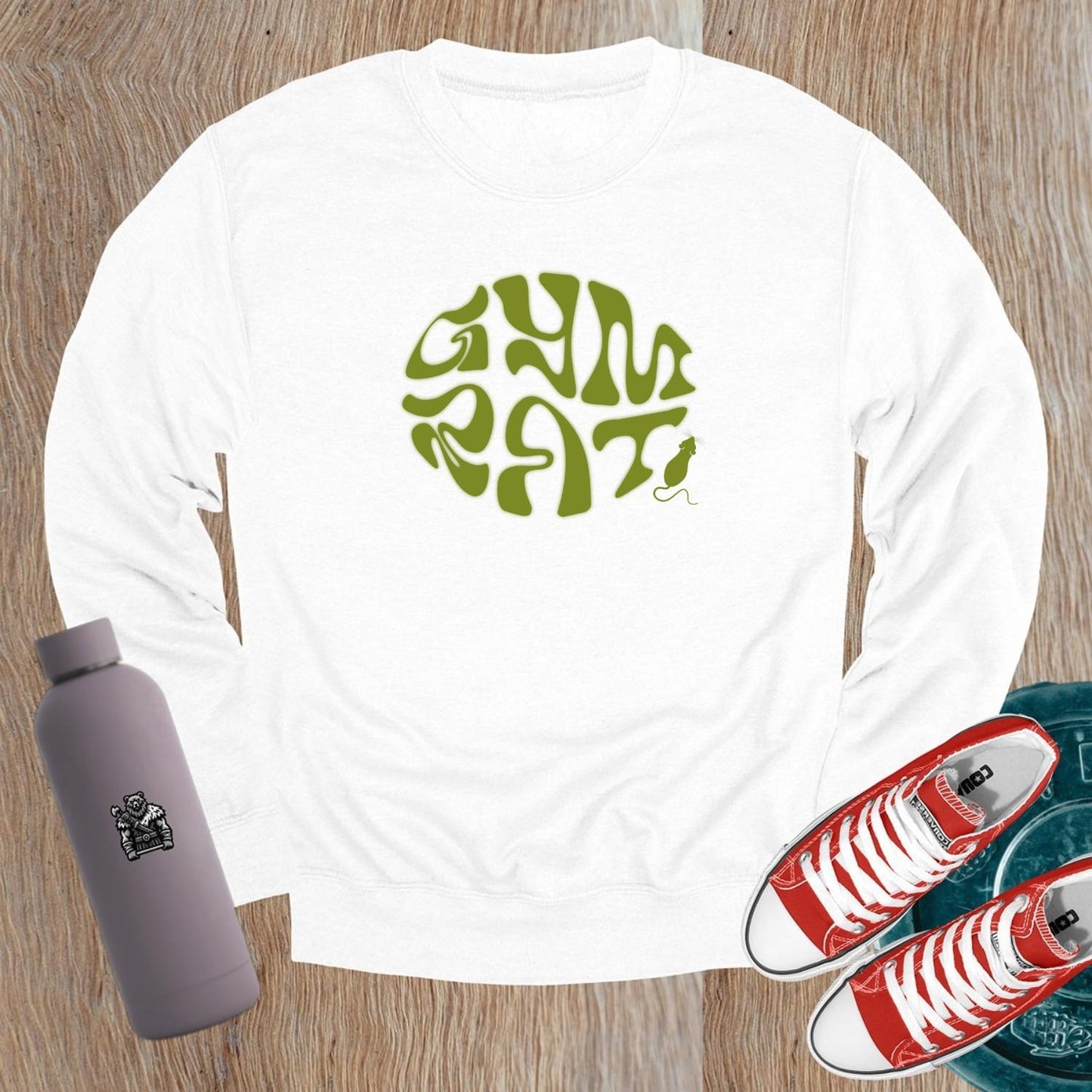 "Graphic gym crewneck sweatshirt featuring bold 'Gym Rat' design, perfect for fitness enthusiasts, blending style and comfort for workouts."