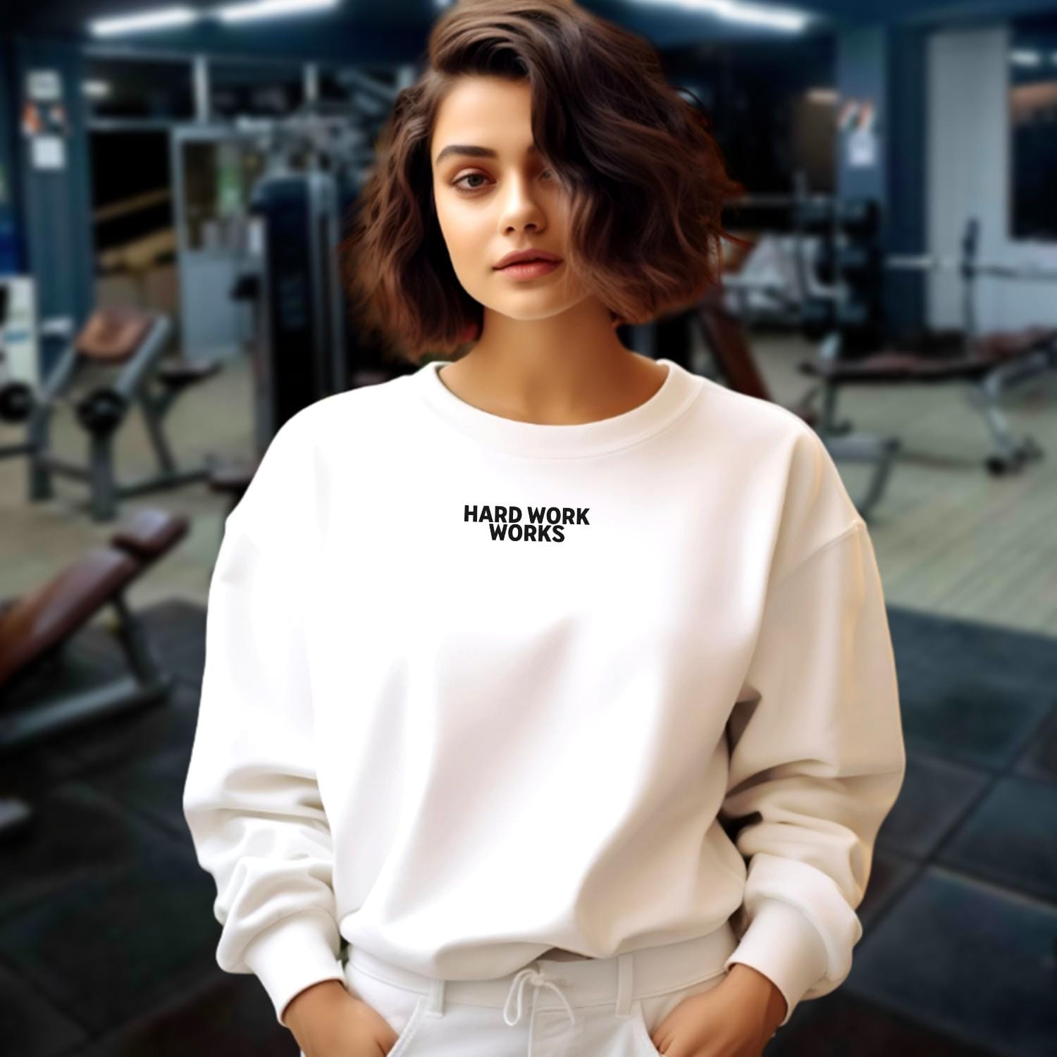 "Hard Work Works gym sweatshirt featuring a motivational graphic, perfect for layering pre- or post-workout, blending style and comfort."
