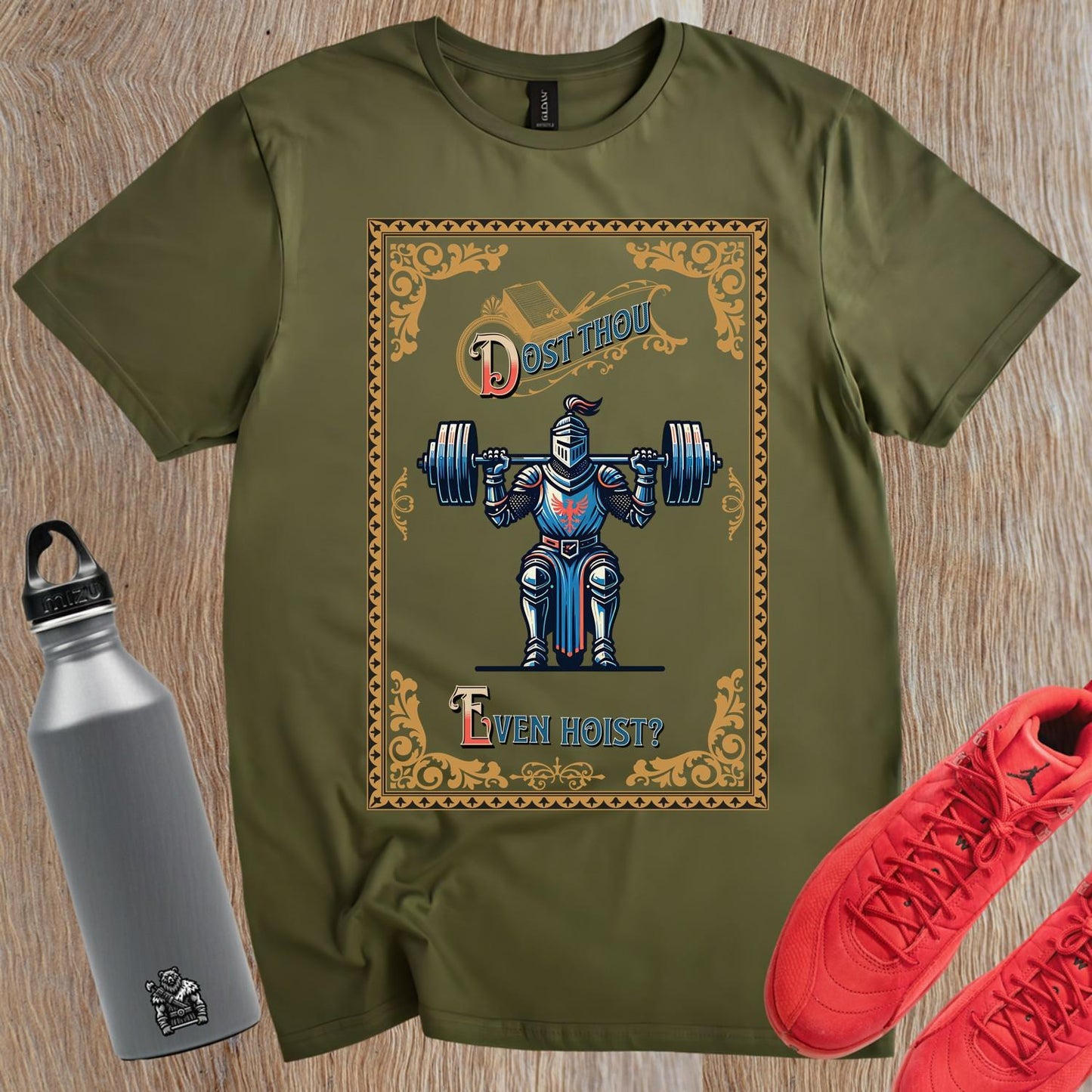 "Gym shirt featuring a bold knight lifting weights with humorous text 'Dost Thou Even Hoist?'—perfect for fitness enthusiasts."
