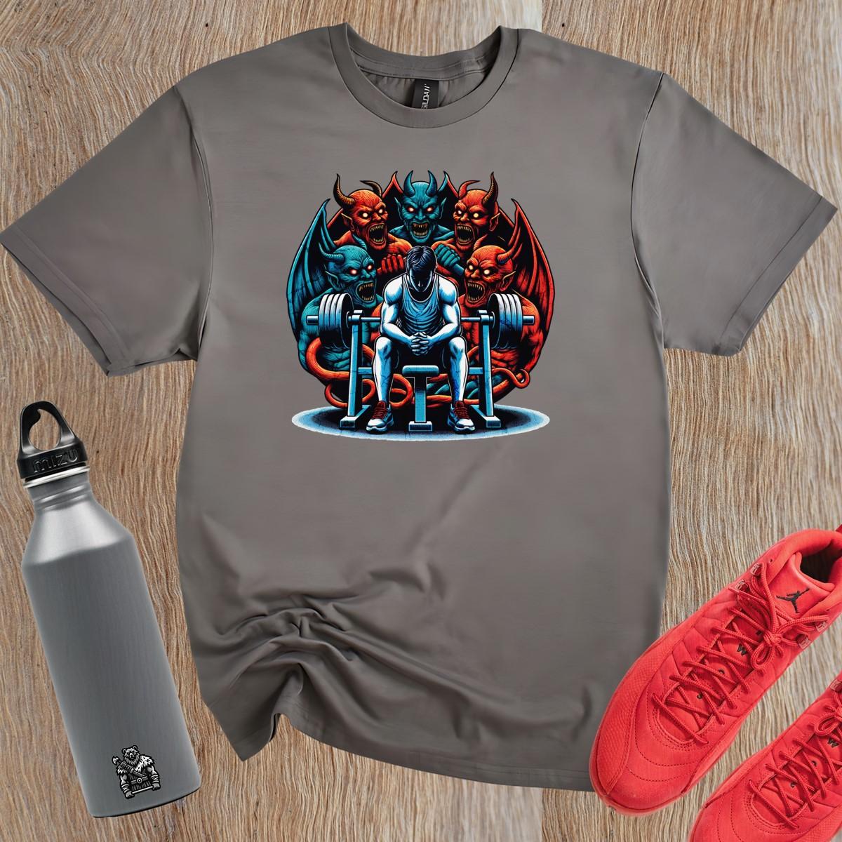 Alt text: "Bold gym T-shirt featuring a striking design that embodies strength and perseverance, perfect for fitness enthusiasts to inspire workouts."