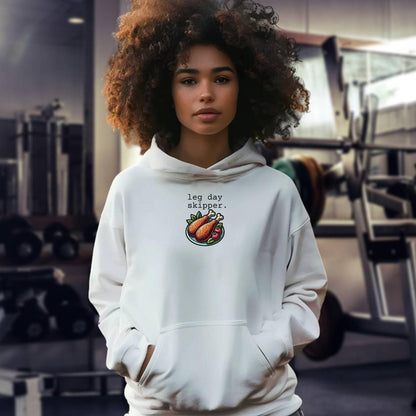 "Vibrant Leg Day Skipper hoodie showcasing playful gym spirit, perfect for workouts or lounging, embodying fun fitness style."