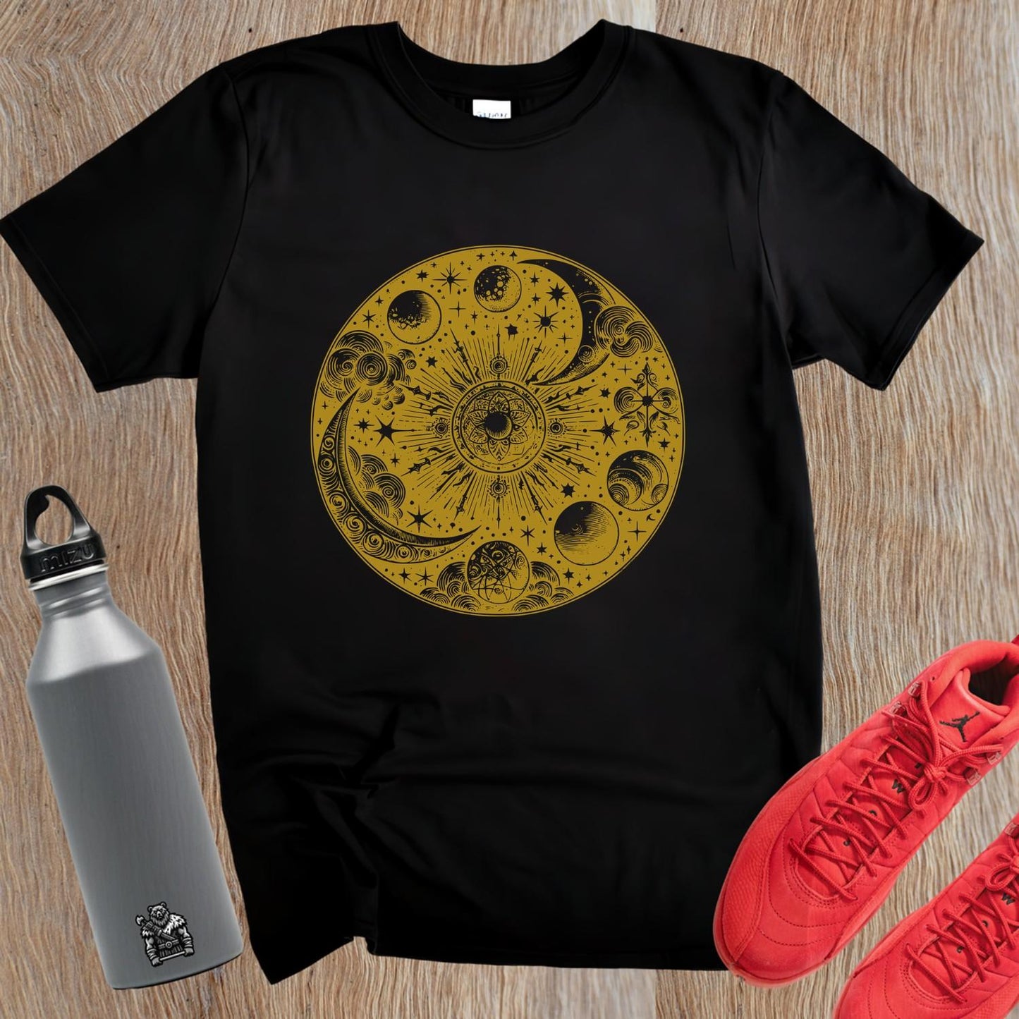 "Celestial-themed gym T-shirt featuring a vibrant graphic of the universe, perfect for fitness enthusiasts seeking cosmic inspiration."