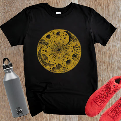 "Celestial-themed gym T-shirt featuring a vibrant graphic of the universe, perfect for fitness enthusiasts seeking cosmic inspiration."