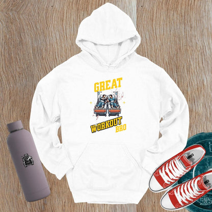 "Edgy 'Great Workout Bro' hoodie featuring bold text and a modern design, perfect for gym enthusiasts and fitness motivation."