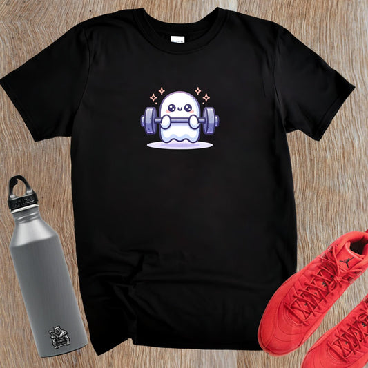 "Playful ghost lifting weights design on gym T-shirt, blending fitness motivation with whimsical charm for workout and casual wear."