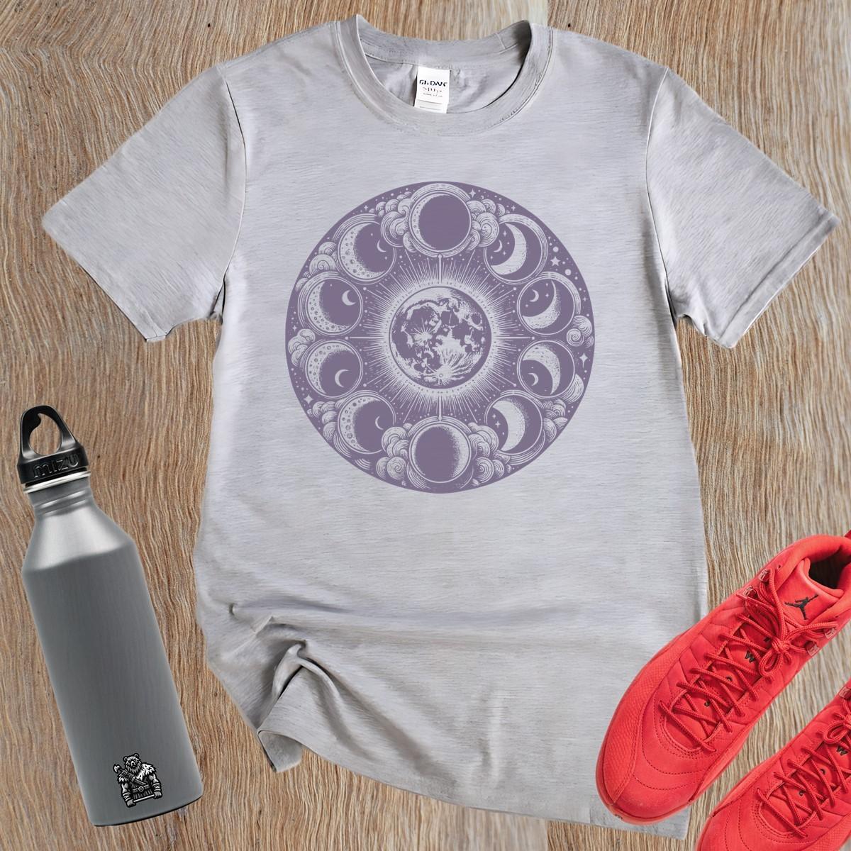 "Stylish Moon Phase T-Shirt for workouts, featuring a celestial design that inspires fitness motivation. Perfect for yoga and running."
