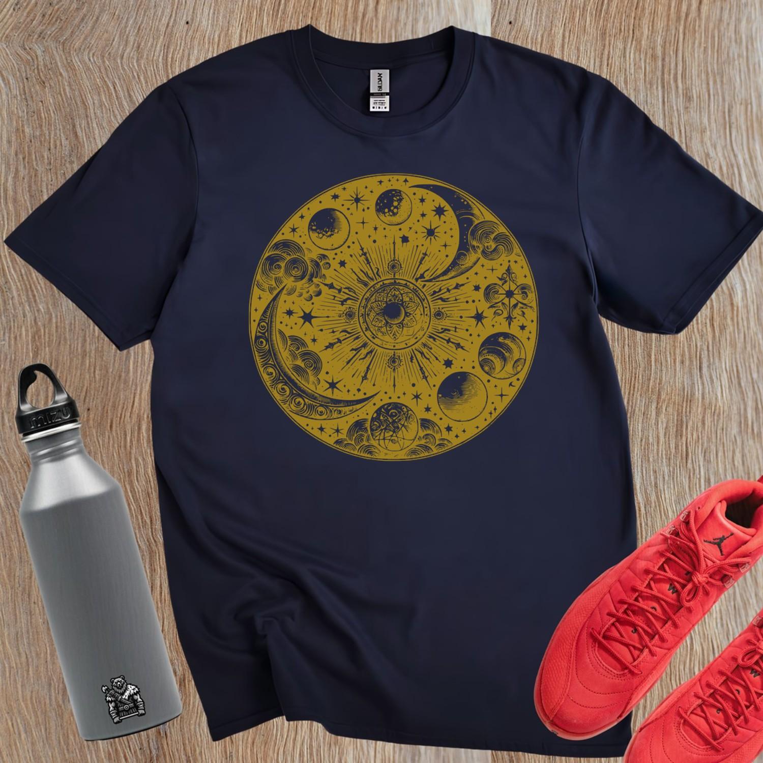 "Celestial-themed gym T-shirt featuring a vibrant graphic of the universe, perfect for fitness enthusiasts seeking cosmic inspiration."