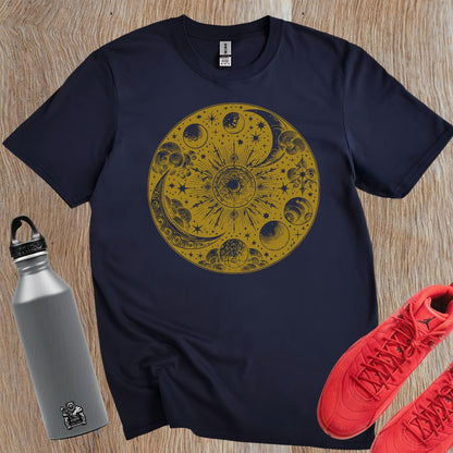 "Celestial-themed gym T-shirt featuring a vibrant graphic of the universe, perfect for fitness enthusiasts seeking cosmic inspiration."